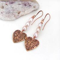 Copper Heart Dangle Earrings with Pink Pearls - Valentine Jewelry Gifts for Women