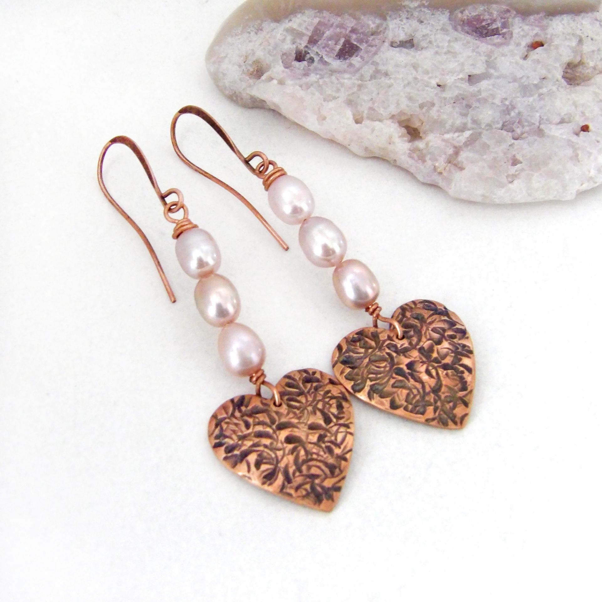 Copper Heart Dangle Earrings with Pink Pearls - Valentine Jewelry Gifts for Women