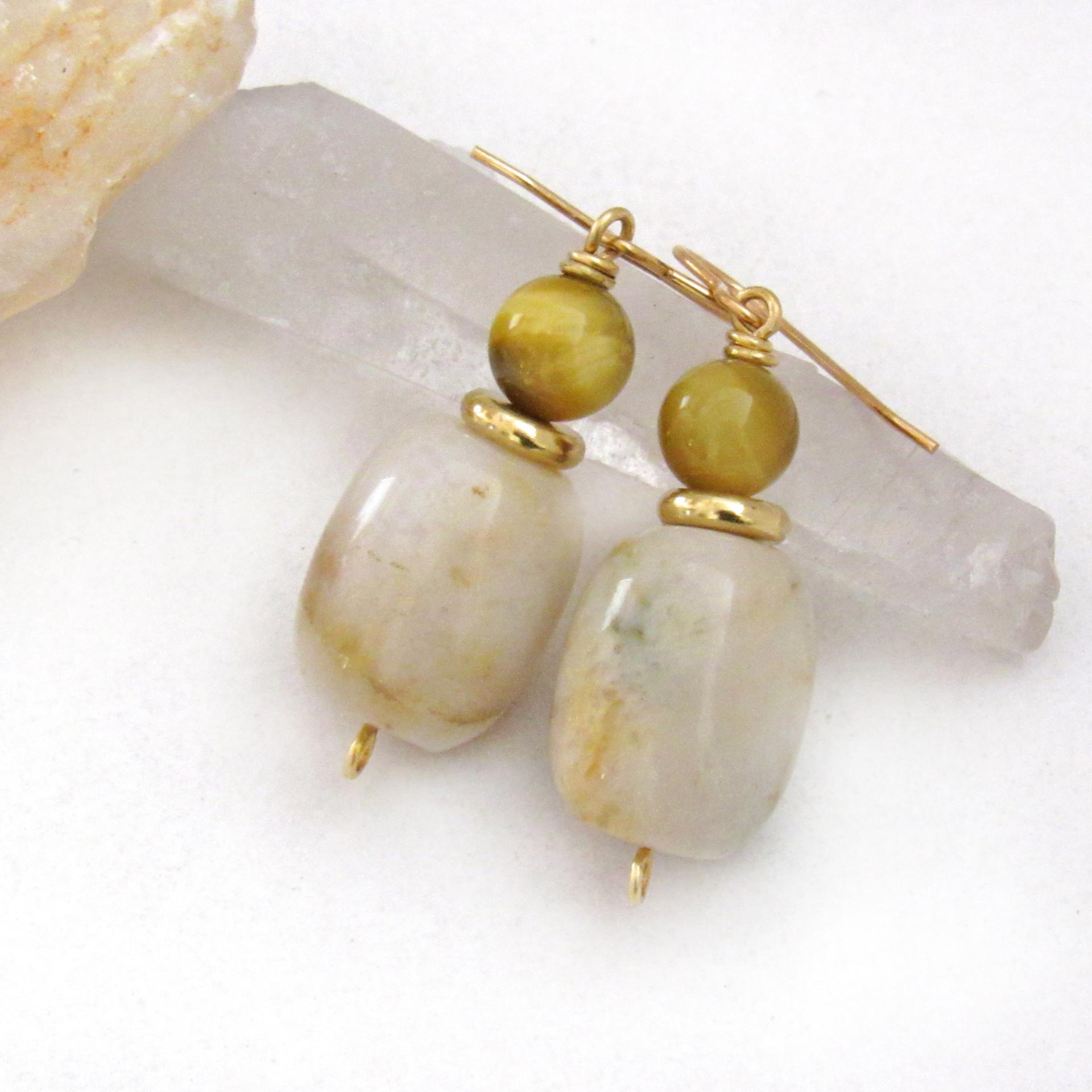 Golden Beige Agate Earrings with Golden Brown Tiger's Eye & Gold Brass Beads - Small Petite Dressy Elegant Gemstone Dangle