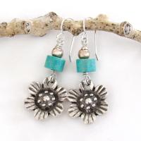 Flower Silver Tone Pewter Earrings with Turquoise Stones - Nature Lover Jewelry Gifts for Women