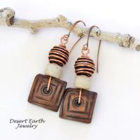 Boho Beaded Dangle Earrings with Brown Wood, Copper and African Glass Beads 