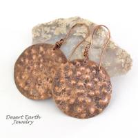 These handmade copper earrings have a rustic, hammered bumpy texture with a rustic organic, natural looking style. Perfect fo