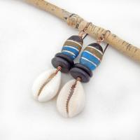 Cowrie Shell Earrings with Colorful Brown Blue Painted Wood Beads and Black Jasper Stones - Boho Tribal African Style Jewelry