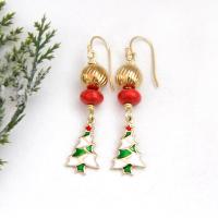 Small Christmas Tree Dangle Earrings: 14K Gold Plated with Red Coral & Brass Beads - Colorful Christmas Holiday Jewelry Gifts for Women