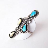 Big Bold Sterling Silver Ring with Turquoise and Mother of Pearl - Vintage Native Style Southwestern Jewelry