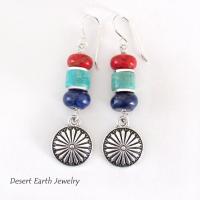 Colorful Boho Southwestern Silver Concho Earrings with Turquoise, Red Coral & Lapis Stones