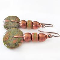 Unakite Gemstone Earrings with Copper Beads - Earthy Boho Style Natural Stone Jewelry