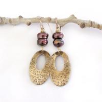 Hammered Gold Brass Oval Dangle Earrings with Bronze Pearls