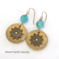 Gold Brass Dangle Earrings with Blue Turquoise Beads & Flower Charms - Gifts for Nature Lovers