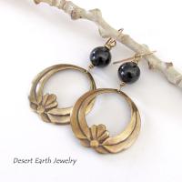 Gold Brass Lotus Dangle Earrings with Black Onyx Gemstones