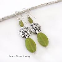 Green Serpentine Earrings with Pewter Beads on Sterling Silver Ear Wires - Artisan Handmade Stone Jewelry