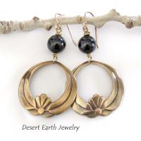 Gold Brass Lotus Dangle Earrings with Black Onyx Gemstones