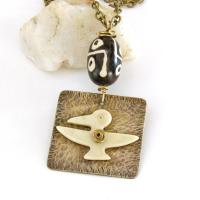 Hammered Gold Brass Ethnic Tribal Necklace with African Carved Bone Bird