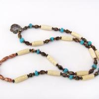 Tiger's Eye Turtle Necklace with Turquoise & Carved Bone - Multi Stone Beaded Statement Necklace