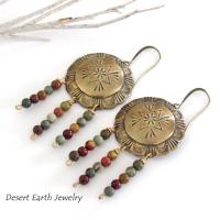 Brass Concho Earrings with Jasper Stone Fringe Dangles - Earthy Boho Tribal Southwestern Style Jewelry