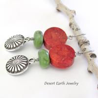 Silver Concho Dangle Earrings with Red Coral & Green Serpentine Stones - Colorful Boho Southwestern Jewelry