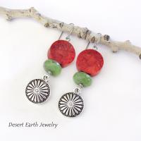 Silver Concho Dangle Earrings with Red Coral & Green Serpentine Stones - Colorful Boho Southwestern Jewelry