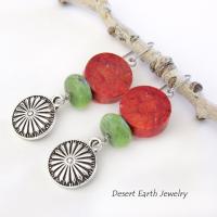 Silver Concho Dangle Earrings with Red Coral & Green Serpentine Stones - Colorful Boho Southwestern Jewelry