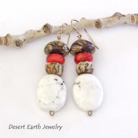 Boho Beaded Dangle Earrings with Red Coral, Magnesite Stones & Buri Nut Beads 