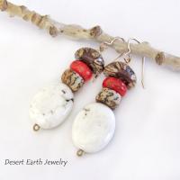 Boho Beaded Dangle Earrings with Red Coral, Magnesite Stones & Buri Nut Beads 