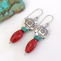 Southwest Silver Tribal Cross Earrings with Turquoise & Red Coral - Native Style Southwestern Jewelry