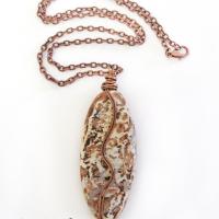 Rusty Brown Agate Stone Necklace with Copper Chain - Earthy Rustic Wire Wrapped Natural Stone Jewelry for Men / Women