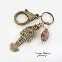 Tribal Goddess Antiqued Brass Key Chain with African Agate Bead Dangle - Purse / Backpack / Bag Charm
