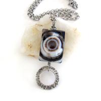 Eye Agate Black White Stone Silver Pewter Necklace - One of a Kind Unique Natural Stone Jewelry