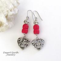 Silver Tone Pewter Filigree Heart Earrings with Red Glass Beads - Valentine's Day Jewelry