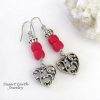 Silver Tone Pewter Filigree Heart Earrings with Red Glass Beads - Valentine's Day Jewelry