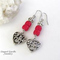 Silver Tone Pewter Filigree Heart Earrings with Red Glass Beads - Valentine's Day Jewelry