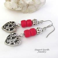 Silver Tone Pewter Filigree Heart Earrings with Red Glass Beads - Valentine's Day Jewelry