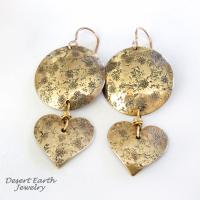 Gold Brass Earrings with Heart Dangles & Hand Stamped Texture - Romantic Jewelry Gifts for Women