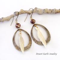 Rustic Textured Brass Hoop Earrings with Bone Feather Dangles and African Batik Bone Beads