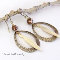 Rustic Textured Brass Hoop Earrings with Bone Feather Dangles and African Batik Bone Beads