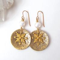 Gold Brass Snowflake Dangle Earrings with White Freshwater Pearls - Christmas Holiday Winter Jewelry