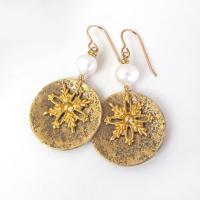 Gold Brass Snowflake Dangle Earrings with White Freshwater Pearls - Christmas Holiday Winter Jewelry