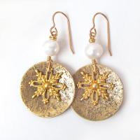 Gold Brass Snowflake Dangle Earrings with White Freshwater Pearls - Christmas Holiday Winter Jewelry