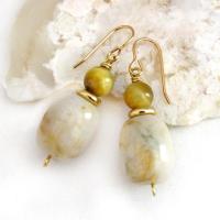 Golden Beige Agate Earrings with Golden Brown Tiger's Eye & Gold Brass Beads - Small Petite Dressy Elegant Gemstone Dangle