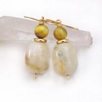 Golden Beige Agate Earrings with Golden Brown Tiger's Eye & Gold Brass Beads - Small Petite Dressy Elegant Gemstone Dangle