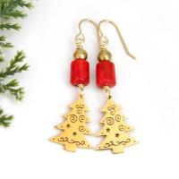 Christmas Tree Earrings 18K Gold Plated with Red Coral - Holiday Christmas Jewelry Gifts for Women