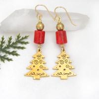 Christmas Tree Earrings 18K Gold Plated with Red Coral - Holiday Christmas Jewelry Gifts for Women