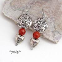 Hearts and Flowers Pewter Earrings with Red Coral and Small Heart Dangles - 10th Anniversary Gift for Wife