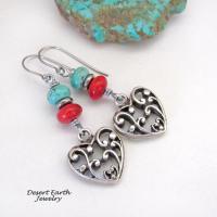 Pewter Heart Filigree Earrings with Turquoise and Red Coral - Sundance Southwest Style Jewelry 