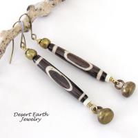 Long African Batik Bone Bead Earrings with Brass Bell Dangles - Handmade Ethnic Boho Tribal Jewelry