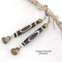 Long African Batik Bone Bead Earrings with Brass Bell Dangles - Handmade Ethnic Boho Tribal Jewelry