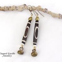 Long African Batik Bone Bead Earrings with Brass Bell Dangles - Handmade Ethnic Boho Tribal Jewelry