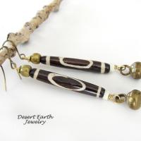 Long African Batik Bone Bead Earrings with Brass Bell Dangles - Handmade Ethnic Boho Tribal Jewelry