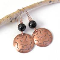 Round Hand Stamped Copper Earrings with Black Onyx Gemstones - 7th Anniversary Gift for Wife