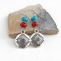 Southwest Silver Tone Concho Earrings with Blue Turquoise and Red Coral - Artisan Handmade Sundance / Boho Southwestern Style Jewelry